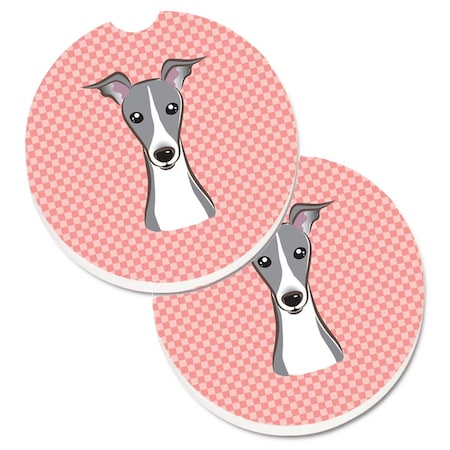 Carolines Treasures Checkerboard Pink Italian Greyhound Set of 2 Cup Holder Car Coaster BB1236CARC